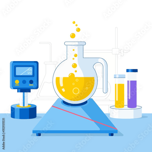 Laboratory equipment with beaker and test tubes on a table in a science lab setting