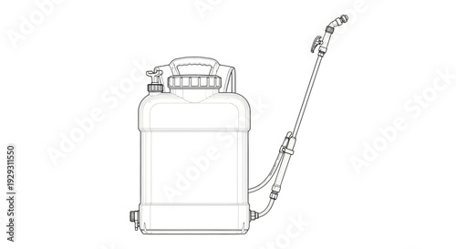 Line drawing of a large portable sprayer tank with long wand and hose attached
