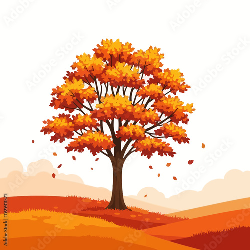 Vibrant Autumn Tree with Falling Leaves on Rolling Hills - Fall Season Illustration
