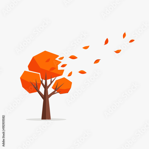 Abstract autumn tree with falling orange leaves in wind, low poly style