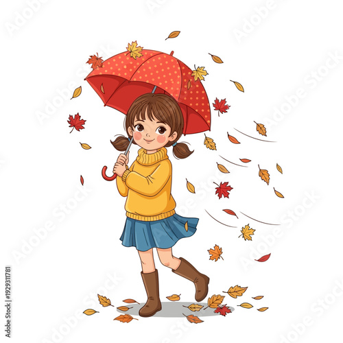 Autumn Girl with Umbrella Walking in Falling Leaves