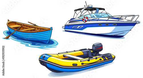 Three colorful cartoon boats on calm water surfaces in various designs and styles
