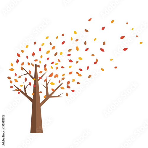 Autumn Tree Losing Leaves in Wind, Vector Illustration