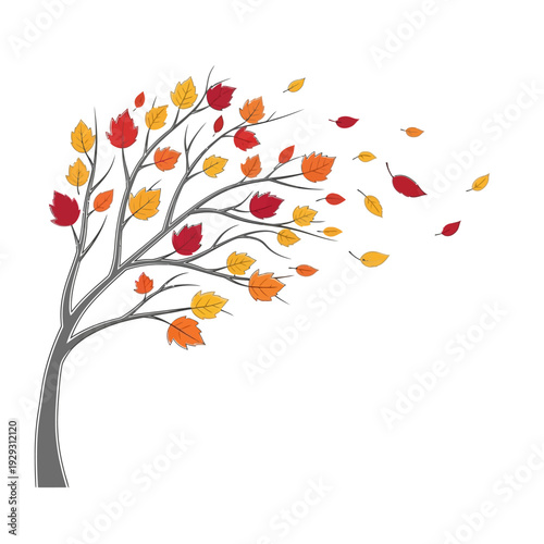 Autumn tree with falling leaves blowing in the wind, vector illustration