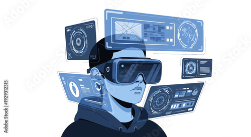 man wearing virtual reality headset with digital screens