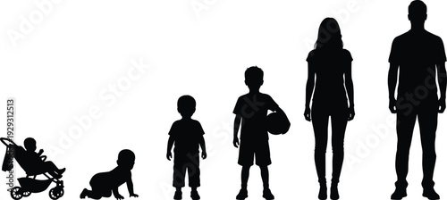 Black family silhouette set showing human growth stages from baby in stroller to crawling infant, toddler, child, and adult parents.