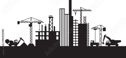 Black silhouette construction site with cranes and buildings