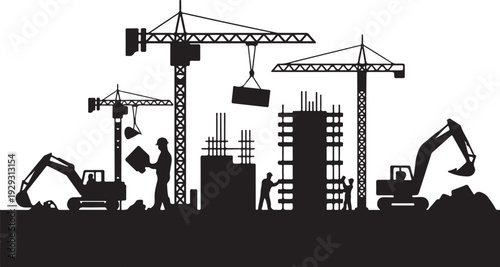 Black silhouette construction site with cranes and excavators