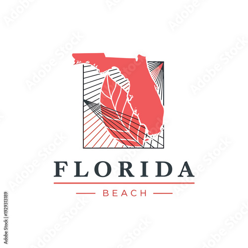 Stylized Florida Map and Tropical Leaf Vector Illustration for Beach Travel Design