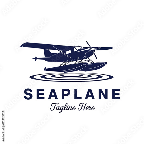 Classic Seaplane Landing on Water Illustration - Vintage Style Aviation Emblem Design