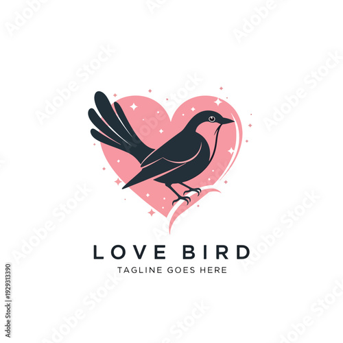 Stylized bird perched within a sparkling pink heart, perfect vector illustration for love and romance themes.