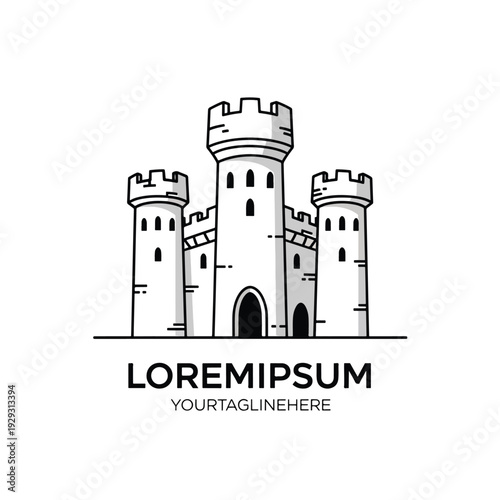 Charming Line Art Medieval Castle Illustration with Three Towers and Battlements Vector Icon