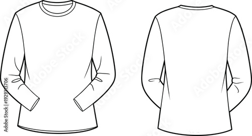 Long sleeve shirt flat sketch, technical garment vector, front and back view, crew neck design, pocket detail, apparel template, clothing illustration