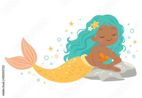 Flat vector illustration in children's style. Cute mermaid character with long hair on white background. Cartoon mermaid for kids print, posters, nursery decor