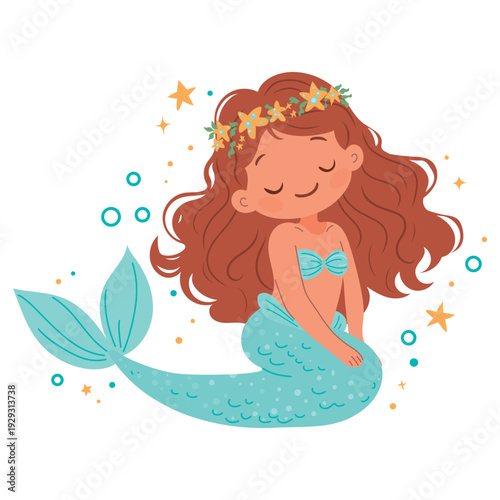 Flat vector illustration in children's style. Cute mermaid character with long hair on white background. Cartoon mermaid for kids print, posters, nursery decor