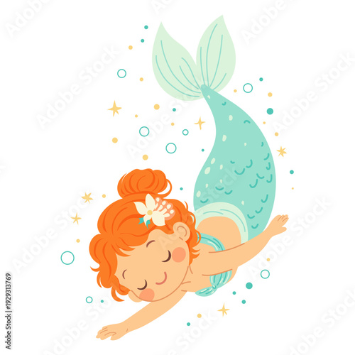 Flat vector illustration in children's style. Cute mermaid character with long hair on white background. Cartoon mermaid for kids print, posters, nursery decor