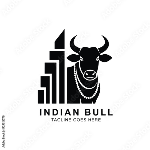 Indian Bull Icon with Rising Bar Chart Symbolizing Financial Market Growth Vector