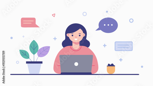 Flat illustration of woman working on laptop at desk with speech bubbles and plants representing remote work, online communication and freelance lifestyle