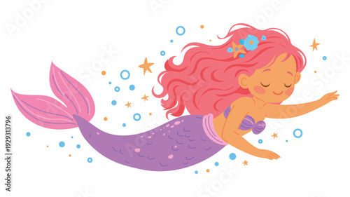 Flat vector illustration in children's style. Cute mermaid character with long hair on white background. Cartoon mermaid for kids print, posters, nursery decor