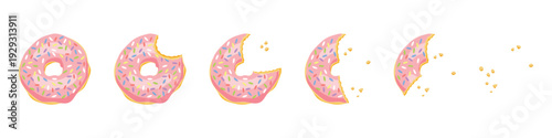 Flat vector illustration of pink strawberry glazed donut with sprinkles gradually eaten in 6 stages, step by step food process with bite marks and crumbs isolated on white background