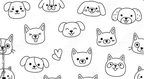 Cute Dog Faces Pattern, Hand-Drawn Doodle Style, Kawaii Animals, Vector Illustration