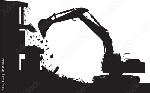 Black silhouette excavator demolishing building demolition 1