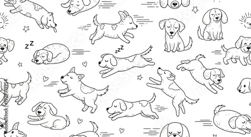 Cute Dog Doodle Pattern: Playful Puppies in Various Poses, Black and White Sketch
