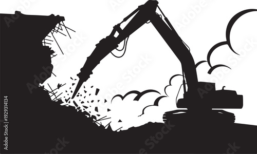 Black silhouette excavator demolishing building demolition 3