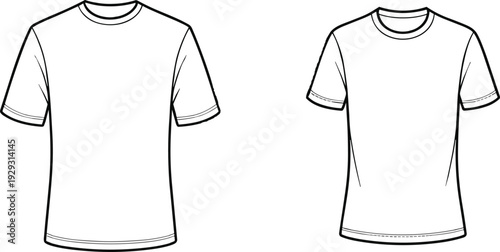 Men's and women's basic crew neck t-shirts CAD drawing flat vector illustration, casual short sleeve tees, unisex cotton shirts, fashion apparel templates