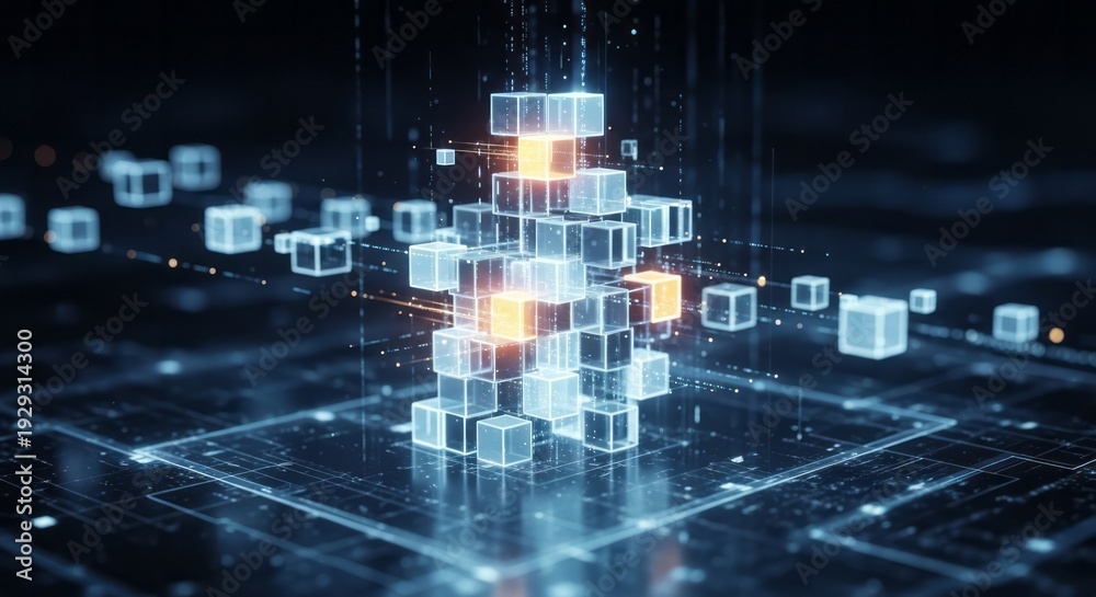Fototapeta premium 3D Digital Cube Structure on Dark Background 3D Digital Cubes Abstract Technology Data Structure. Concept featuring 3d, digital, cubes, abstract, technology for professional commercial design.