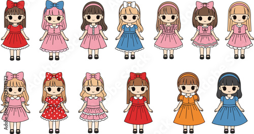 Cute little girl characters set, kawaii dolls in colorful dresses with bows, cartoon child collection, feminine fashion illustration, isolated white,