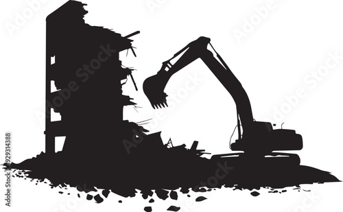 Black silhouette excavator demolishing building demolition 6
