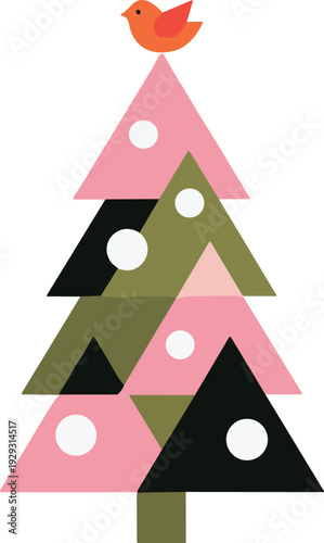 Minimalist geometric Christmas tree illustration constructed from pink, olive green, and black triangles, featuring a small orange bird on top and white ornaments holiday cheer, winter, 