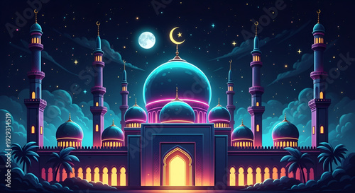 Ramadan Eid Mubarak islamic mosque night illustration with crescent moon stars glowing lights spiritual festival celebration background for prayer culture faith