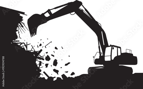 Black silhouette excavator demolishing building demolition 10