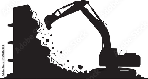 Black silhouette excavator demolishing building demolition