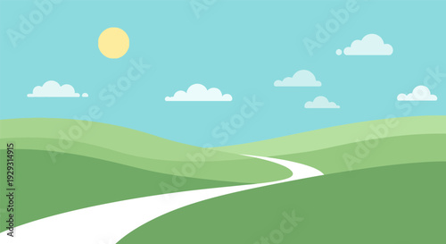 Winding road in serene green landscape with fluffy clouds in soft blue sky and warm sunlight for travel background