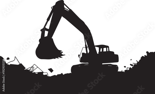 Black silhouette excavator digging in dirt construction