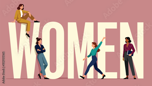 Strong Women and Girls Standing Together Near the Big Word Women – Women’s Day - Female Friendship and Global Sisterhood Colorful Vector Illustration