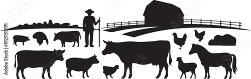 Black silhouette farm animals and farmer by barn cows