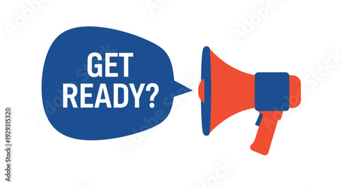 A vibrant illustration of a red megaphone with the text get ready