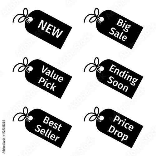 Black price tag set on transparent background. Sale labels and discount badges vector silhouettes for e-commerce product badges, retail discount stickers, and promotional marketing materials