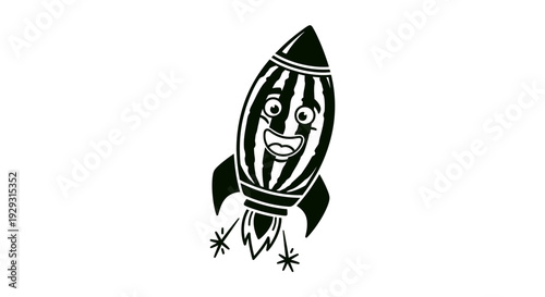 Smiling cartoon rocket with face flying.