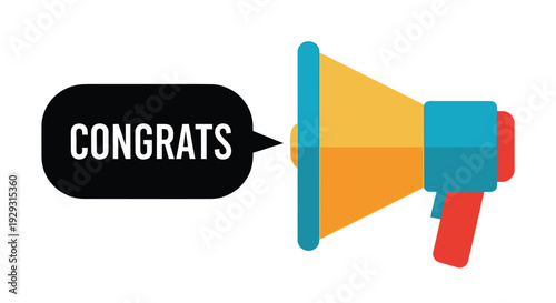 A colorful illustration of a megaphone with a congrats message displayed