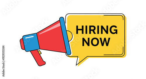 A brightly colored cartoon megaphone announces hiring now in bold text