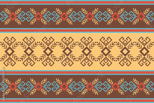 Seamless tribal geometric pattern with bold earthy tones and turquoise accents. Ethnic ornamental vector background ideal for textile, wallpaper, fabric, and print design.
