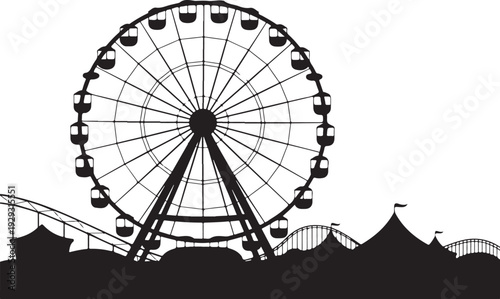 Black silhouette ferris wheel amusement park white background