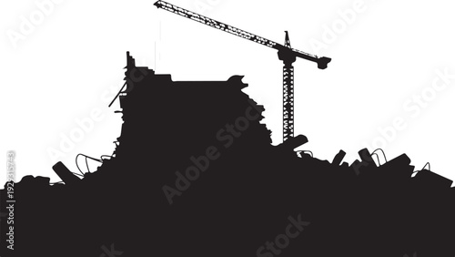 Black silhouette of a construction site with a crane and rubble