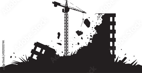 Black silhouette of a construction site with a crane and destroyed buildings