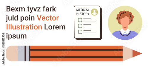 Healthcare documentation, medical records, information management, data entry, patient communication, organization. Medical history form, pencil and profile icon. Healthcare documentation